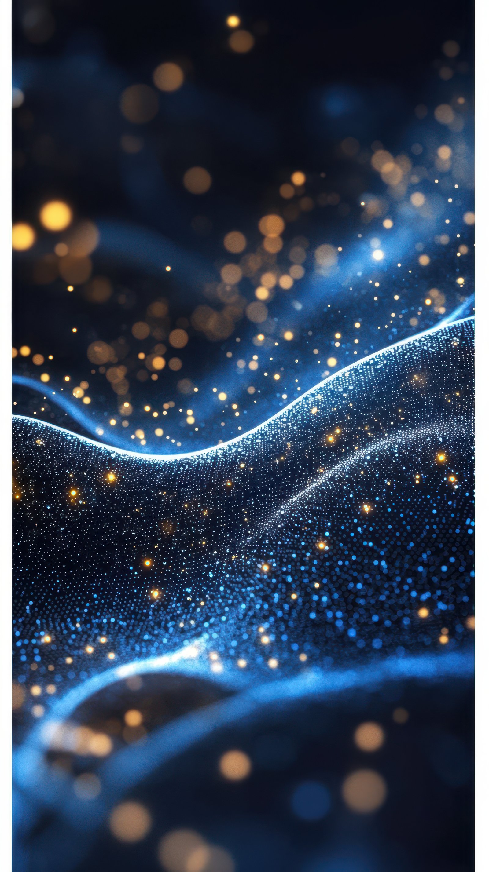 Blue and golden particles illuminate a flowing abstract wave pattern during a nighttime display